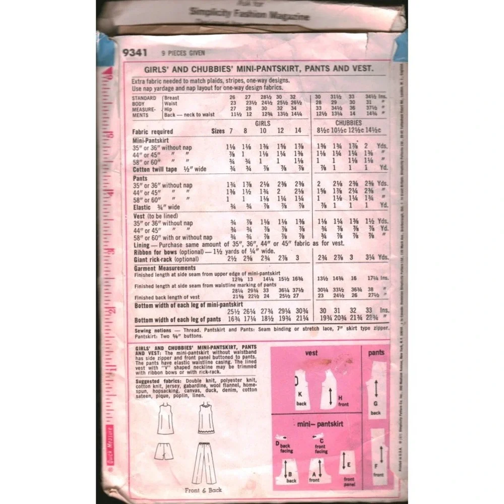 Vintage 71 Simplicity 9341 Girls Chubbies Mini-Pantskirt Pants Vest Pattern 10.5